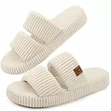 LongBay Hausschuhe für Damen Memory Foam Offene Zehen Slip-On Bequeme Hausschuhe mit zwei Riemen, Beige 40-41