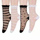 Lusofie 4 Paar Durchsichtige Socken Mit Rüschen Damen Transparente Rüschen Socken Dünne Söckchen Feinstrümpfe Sommer Knöchel Universalgröße Spitzensocken Gestreifte Herzsocken Für Damen Mädchen