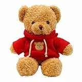 TROYSINC Teddybär Weiches Fell Teddybär mit Kapuze Tatzendruck Plüschtier Kuscheltier Stofftier Geschenk (Red,30cm)
