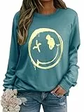 WIEIYM Damen Sweatshirt Langarmshirt Drucken Rundhals Pullover Herbst Winter Bluse Tops Weihnacht Pullover Casual Christmas Sweat Oberteile,Cyanfarben,XXL
