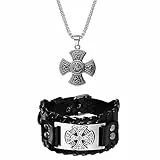 OIDEA Herren Armband Halskette Set Leder Breit Armreif, Schwarz Keltischer Knoten Lederarmband, Kreuz Anhänger Kette aus Edelstahl, Wikinger Schmuck Retro Vintage Stil Geschenk für Männer Freund