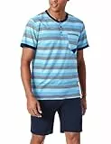 Jezonga Herren Schlafanzug Kurz Baumwolle Nightwear Set Pyjama Shorty Sommer Schlafanzüge Männer Kurzarm Nachtwäsche mit Knopfleiste D#Blau XXL