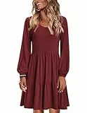 Zeagoo Kleid Herbst Damen Herbstkleid A Linie Langarm Kleid Winter V Ausschnitt Kleider Minikleid Weinrot M