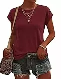 Wayleb Damen Tshirt Sommer, Einfarbiges Freizeitshirt mit Kurzarm, Weiches Rundhals Oberteil für Alltag & Büro – Weinrot M