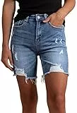 Sovoyontee Damen Bermuda Shorts Ripped Raw Saum Hohe Taille Distressed Denim Hose Jean Shorts Sommer Himmelblau L