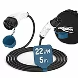 ANSMANN Ladekabel Typ 2 mit 22 kW für Hybrid- & Elektroauto / Typ2 Auto-Ladekabel 5 Meter, 3 phasig, kompatibel für E-Autos & Hybridautos, wie Tesla Model 3, e-Up, ID.3, ID.4, Zoe, EQ fortwo