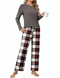 Ekouaer Schlafanzug Damen Lang Kuschelig Weich Strick Pyjama Set Kariert Pyjamahose mit Tasche Hausanzug, Dunkelgrau, M