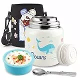 TXErfolg Thermobehälter für Essen 500ml, Edelstahl Thermobecher Essen mit faltbaren Löffel, Kinder Warmhaltebehälter Auslaufsicher mit Getränkehalter für Speißen, Suppe, Brei,Joghurt(Blauwal)