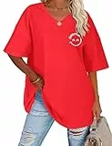 TOMEEK Oversize T Shirt Damen mit V-Ausschnitt Sommer Damen T-Shirt Kurzarm Bedrucken Baumwolle Basic Tops Lässig Tee Vintage Tshirt Einfarbige Locker(Rot,M)