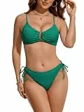 HORISUN Damen Bikini Set Zweiteilig Crinkle Strukturstoff Push Up U-Wire Oberteil Verstellbare Träger Cheeky Unterteil Seitenschnürung Strand Bademode Grün L