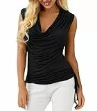 Imily Bela Damen Tank Top Tiefer V-Ausschnitt Tops Wasserfall Ärmellos T-Shirts Sommer Falten Oberteil mit Kordelzug(Schwarz, XXL)