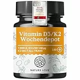 Nature Love Vitamin D3 K2 Wochendepot - 180 vegane Tabletten - 7000IE D3 + 140µg K2 pro Tablette mit 99,7% all-trans - Hochdosiert & vegan - Laborgeprüft, in Deutschland produziert