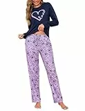 Demegimi Pyjama Set Damen Langarm Schlafanzug Damen Lang Baumwolle Pyjama Set Zweiteilig mit Herz-Print Loungewear Dame S-XXL