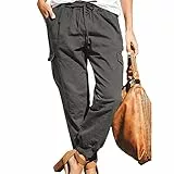 Greensen Leichte, Weiche Damenhose mit Kordelzug, Konisches Bein, Cargohose, Mittlere Leibhöhe, Hohe Taille, Freizeit, Joggerhose, Reine Farbe, Wanderhose(XL-Grau)