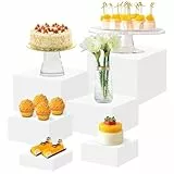 Emwel Buffet-Erhöhungen, 6 Maße (7,6 cm + 10,2 cm + 12,7 cm + 15,2 cm + 17,8 cm + 20,3 cm weiße Acryl-Lebensmittelerhöhungen, Desserttisch-Display-Set für Buffettisch, Acryl-Präsentationsständer für