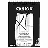 CANSON XL Schwarzes Zeichenpapier, zweiseitig: gekörnt und glatt, 150 g/m², an der kurzen Seite spiralgebundener Block, DIN A4 21 x 29,7 cm, Schwarz, 40 Blatt