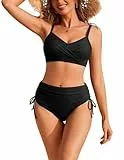 Ekouaer Bikini Damen Set Bauchweg High Waist Bademode Sexy Zweiteiliger Badeanzug Twist Front Swimsuit Bikini-Sets, Schwarz L