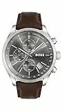 BOSS Chronograph Quarz Uhr für Herren mit Braunes Lederarmband, Grau, One Size