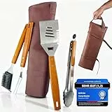 Grillset für Männer Geschenk - Premium Grill Set mit Ledertasche, Grillbesteck & Grillzubehör, Holzgriffe, 3 in 1 Wender mit Flaschenöffner und Schneidekante