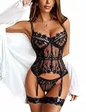 Avidlove Damen Dessous Set Spitze Body Corsage Sexy Unterwäsche Curvy Bodysuit Teddy Reizwäsche Babydoll Lingerie Frauen Strapsen Set Schwarz M