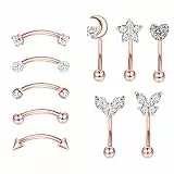 Longbeauty 16G Chirurgenstahl Bananabells Gebogen Barbell Piercing Zirkonia Lippen Augenbrauen Labret Septum Bauch Ring 8MM Stablänge, 10 Pcs, Rosegold