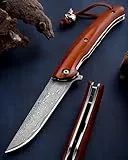 Omesio Damast Klappmesser, Damast Taschenmesser Einhandmesser -inkl. Schwarzer Geschenkbox, Damastmesser Japanisches Taschenmesser, Hochwertig& Handgemacht, Holzgriff