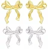 Rajputana Gold Silber Schleifen Ohrringe Set für Damen, Bow Ribbon Stud Earrings Women Jewelry, Golden Silver Schleife Ohrstecker Schmuck Frauen