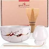 Goodwei Matcha Set komplett mit Matchabesen, Matcha Löffel und Matcha Schale aus Keramik passendem Besenhalter | Moderne Teeschale Chawan mit goldener Marmorierung (Weiß, 80er Besen)
