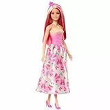 Barbie Royal-Puppe mit fantasievollen Haaren in Blond und Pink, bunten Accessoires, Oberteil in Pink mit Farbverlauf und Rock mit Schmetterlingsmuster, HRR08