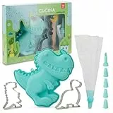 MIJOMA Kinder Backset 10-teilig mit Silikon Backform Dinosaurier oder Einhorn inkl. Ausstecher Teigschaber Spritzbeutel & Tüllen Kinder-Backzubehör Set für kleine Bäcker (Dinosaurier)