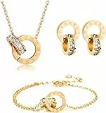 Hanaoops Schmuckset für Damen und Mädchen Zirkonia Edelstahl Römische Ziffern Kreis Anhänger Halskette Ohrringe Armband Set Vergoldet Versilbert 3 Stück Schmuck Set Brautschmuck