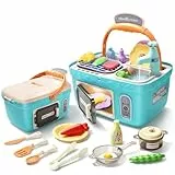CUTE STONE Kinder Küchenspielzeug Picknick Set, tragbare Picknickkorb Spielzeug mit Musik und Lichtern, farbwechselndes Spielessen, Küche Spüle, Küchenspielset Geschenk für Kinder Jungen Mädchen