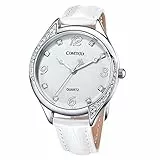 Comtex Damen Armbanduhr weißes Zifferblatt Kristall Damenuhr Weiss Lederarmband……