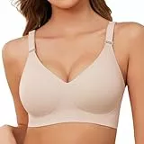 Xnova Damen BH Ohne Bügel Bequemer, Nahtloser V-Ausschnitt Bralette T-Shirt Schlaf Minimizer BHS Breite Träger, Seamless Bra mit Zusätzlicher BH-Verlängerung (Beige, M)