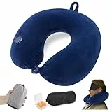 JetsCush Nackenkissen Flugzeug Aufblasbar, Reisekissen Flugzeug, Kompaktes Nackenkissen Aufblasbar mit Schlafmaske und Ohrstöpseln, Leichtes Nackenhörnchen Erwachsene für Flugzeug, Zug, Büro, Blau