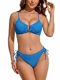 HORISUN Damen Bikini Set Zweiteilig Crinkle Strukturstoff Push Up U-Wire Oberteil Verstellbare Träger Cheeky Unterteil Seitenschnürung Strand Bademode Blau L