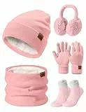 Niwicee Mütze Schal Handschuhe Damen Winter Set Fleece Gefütterte Wärmer Loop Schlauchschal Touchscreen Handschuhe Beanie Strickmütze Dicke Socken Plüsch Ohrenschützer Kombi Set 5 Stücke (Rosa)