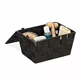 Relaxdays Aufbewahrungskorb mit Deckel, Flechtoptik, Bad Organizer HxBxT: 10,5 x 19,5 x 14,5 cm, Kunststoff, schwarz