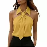 ZWDC Damen Elegant Ärmellose Bluse mit Kragen und Krawatte Halterneck Top Kontrastfarben Neckholder Oberteil Schulterfrei Sommer Schluppenbluse Business Casual Shirt für Büro Party Alltag