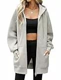CMTOP Kapuzenpullover Damen Lang Dünne Fleece Hoodie Classics Freizeit Sweatshirt Basic Casual Sweatjacke Einfarbig Kapuzenjacke Streetwear Hoody mit Kapuze Reißverschluss Taschen(Hellgrau,M)
