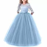 Blumenmädchen Spitze 3 4 Ärmel Kleid Hochzeit Brautjungfer Erstkommunion Abend Party bodenlanges Kleid Kinder Prinzessin Festzug Geburtstag Abschlussball Karneval Weihnachten Ballkleid blau 1112 Jahre