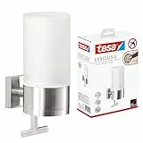 tesa EXXCLUSIV Seifenspender-Set, Milchglas und verchromtes Metall - Flüssigseifenspender zur Wandbefestigung ohne Bohren, inkl. Klebelösung - 73mm x 192mm x 115mm