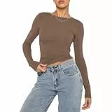 Damen Crop Tops Rundhals Slim Fit Top T-Shirt Lässige Streetwear(Brown+1a,S)