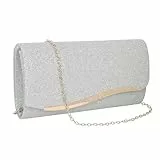 Minicloss Damen Abendtasche Silber Clutch Modische Handtasche, Brauttasche Kettentasche Elegant Satin Funkelnde Kettenabendtasche Elegante Umschlagtasche für Ball Party und Hochzeit