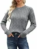 Runcati Pullover Damen Strickpullover Winter Rundhals Classic Fit Einfarbig Langarm Warm Casual Lose Sweater Grau XL