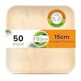 Raj Palmblatt Teller [50-Stuck] - 15 cm Quadratische Einwegteller, stabil, dekorativ, kompostierbar - Perfekt für Hochzeit, Geburtstag, Camping, Picknick, BBQ