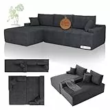 Juskys Sofa Coredo - modernes Cord Sofa mit Ottomane Links, gemütliche Couch mit Schaumstoffpolsterung, Cordbezug & Kissen, modular - Dunkelgrau