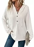 Cuptacc Kapuzenpullover Damen V Ausschnitt Waffelstrick Weich Und Bequem Sweatshirt Mit Kordelzug Locker Hoody Damen Winter Weiß 2XL 50-52