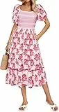 Kate Kasin Damen Quadratischer Ausschnitt Midikleid Gesmokter Mieder Kurze Puffärmel A-Linie Sommerkleid mit Taschen Floral Print Rot Floral M