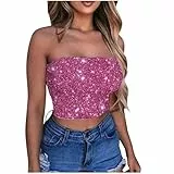 KOG Glitzer Bandeau Top Damen Crop Tops Sexy Tube Glitzeroberteil Frauen Festival Outfit Karneval Kostüm Faschingskostüme Teenager Mädchen Fasching Oberteil Party Y2k Aesthetic Clothes Knallpink XL